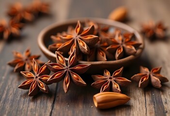 Wooden board with bowl of aromatic star anise, closeup

