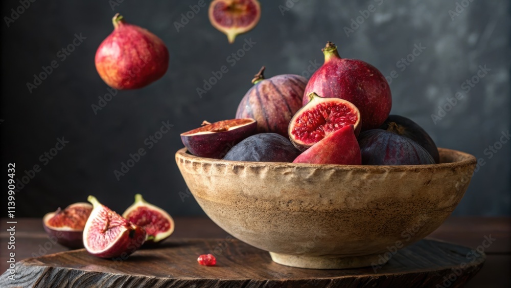 Poster ripe. halved. and whole figs are presented in a rustic bowl. some cascading down. creating a dynamic