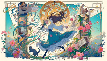 A cel-style illustration of a cat and a girl.generated by AI