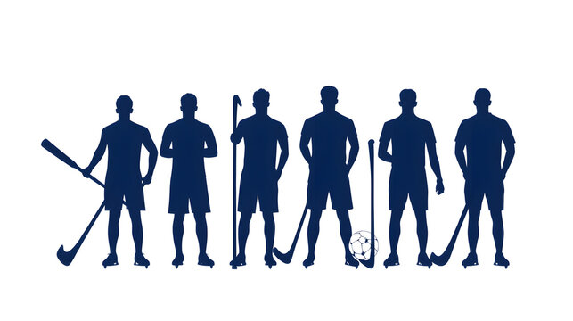 Silhouette of six sports team members standing together in unity, showcasing teamwork, strength, and solidarity in sports, emphasizing the power of collaboration and collective effort in athletic achi