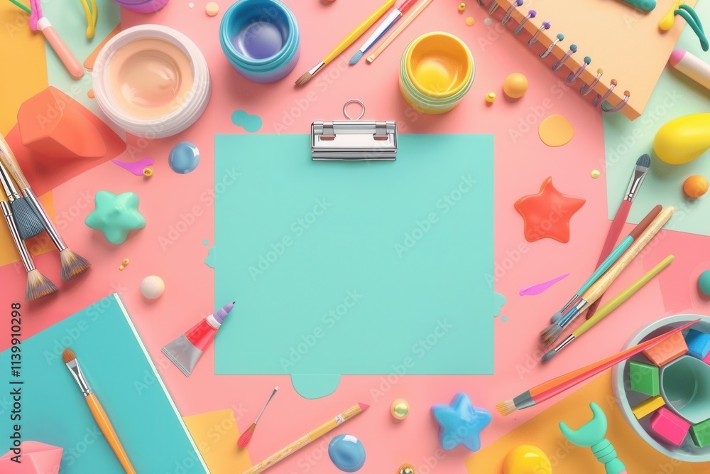 Poster creative workspace filled with brushes, paints, and sketchbooks designed for art projects and educat