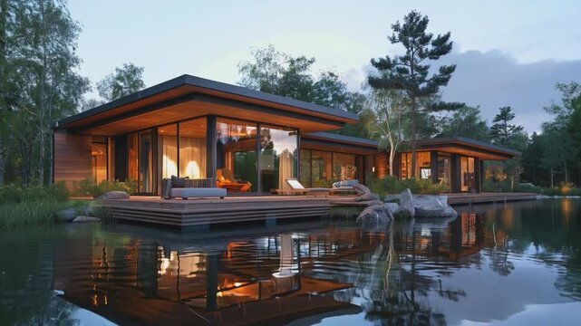 Modern Lakefront Retreat. A tranquil escape with a contemporary, minimalist design.  A spacious deck extends over the water, inviting relaxation and connection with nature.