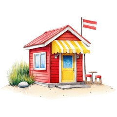 Charming Red Beach Hut with Yellow Stripe Awning Surrounded by Lush Green Grass and Scenic Coastal Landscape