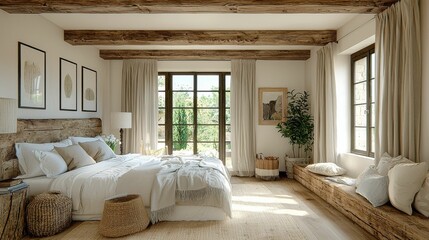This serene bedroom features a rustic design with natural materials, sunlight streaming through large windows, and a cozy atmosphere perfect for relaxation.