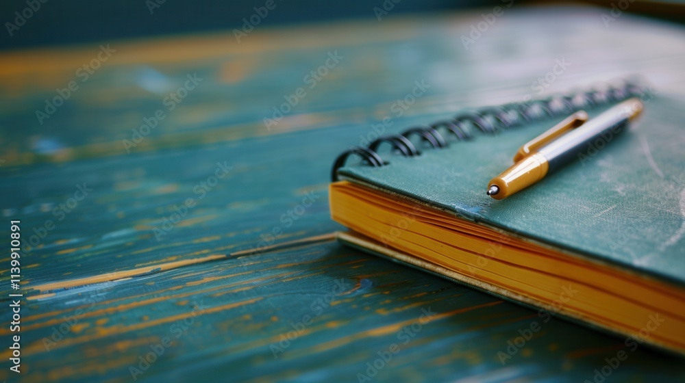 Leinwandbilder notebook and pen resting on a desk in a modern classroom filled with bright orange chairs during a s