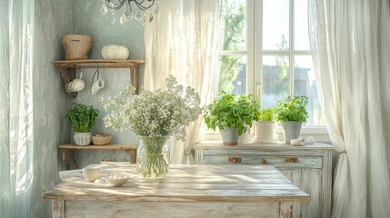 A serene and cozy interior featuring a wooden table adorned with a bouquet of fresh flowers, natural light streaming through the curtains, creating a rustic ambiance.
