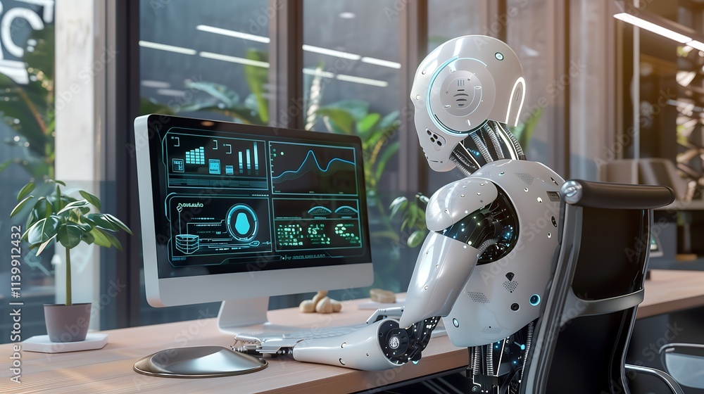 Poster a modern workspace with virtual screens displaying ai policy documentation, ethical responsibility g