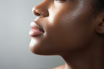 Profile of young african american woman with glowing skin and water drops on her face, showcasing natural beauty