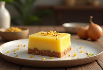 Mango cheesecake top view on plate
