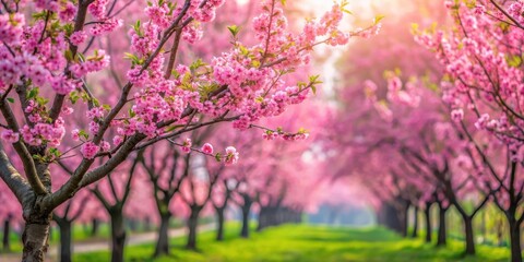 Pink flowering trees in blossom with green leaves in early spring, pink, flowering trees, blossom, green leaves