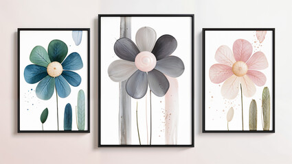 Minimalist Floral Harmony: Triptych of Delicate Watercolor Flower Prints