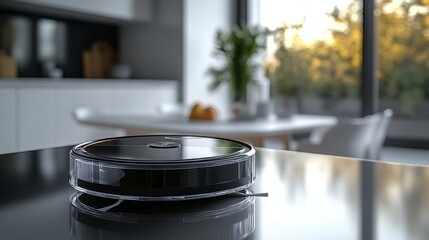 The circular robot is cleaning inside the room