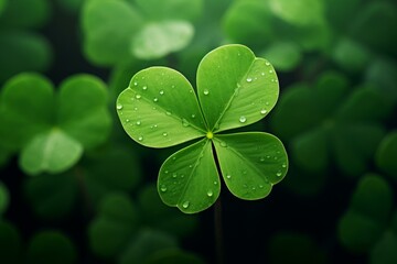 Close up of a four leaf clover with dew drops, symbolizing luck and good fortune in irish tradition