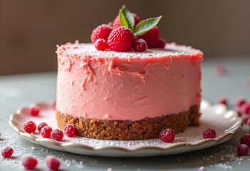Curd cake with strawberries without baking. The basis of the cookie cake. The cake is located on a plate on a white background. In the photo there is a bouquet of camomiles and a scattered strawberry.