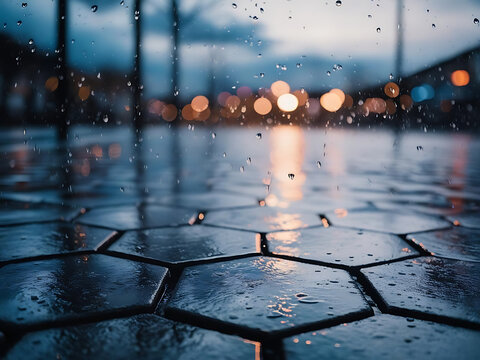 Raindrops falling on hexagonos paved streets urban landscape nighttime atmospheric reflection