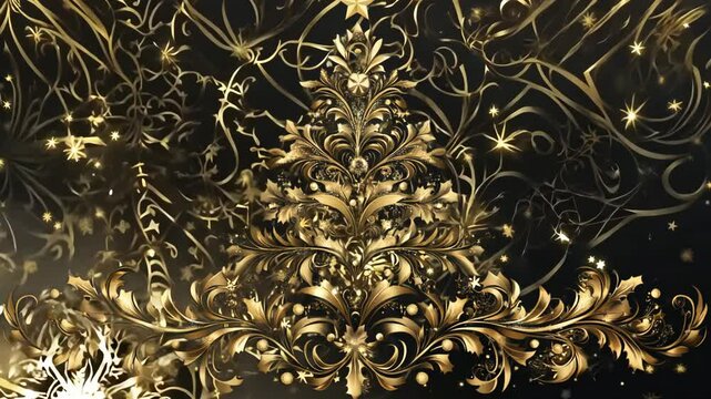 A beautifully decorated Christmas tree with gold leaves and a gold star on top. The tree is surrounded by gold and black decorations, giving it a luxurious and festive appearance