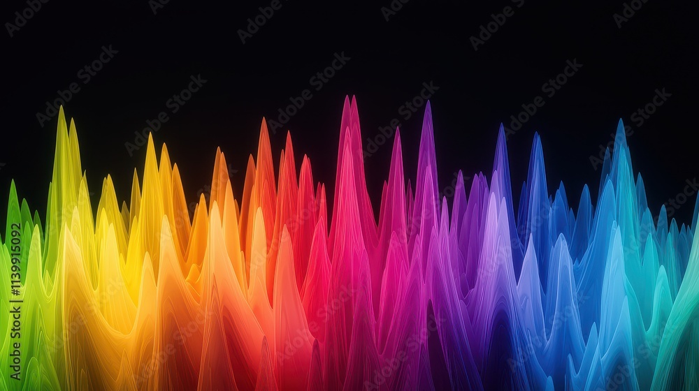 Poster sound loud 3d rendering concept, 3d rendering of colorful sound waves bursting outward in vibrant ra