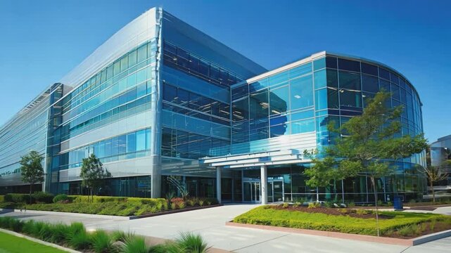 Modern Office Building. A sleek and contemporary office building with expansive glass windows, reflecting the blue sky and showcasing a welcoming entrance.