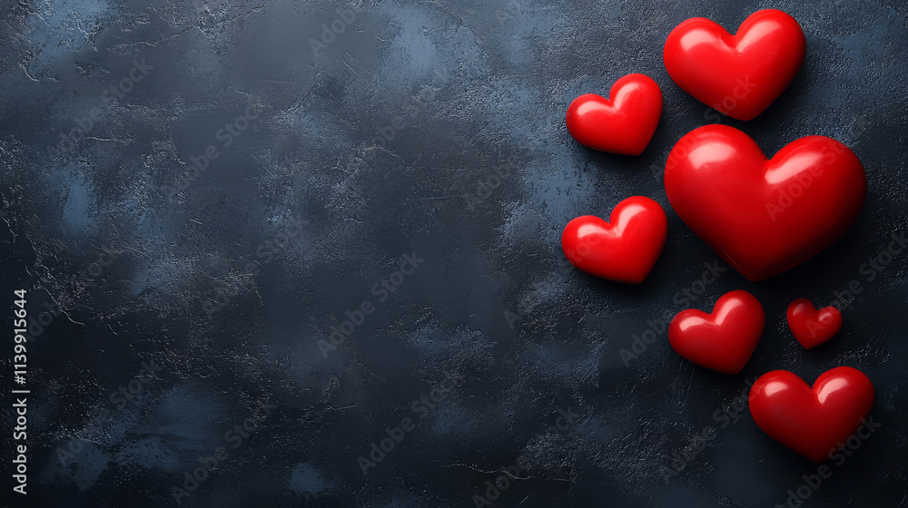 Poster a composition of several red hearts of different sizes scattered over a dark textured background.