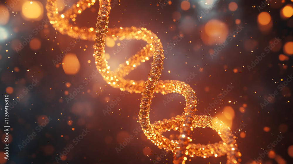 Poster the double helix of dna. dna is depicted as a sparkling, golden thread consisting of many small part