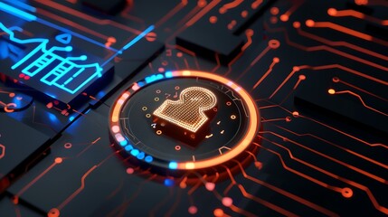 Fototapeta premium Digital interface with a glowing AI ethics icon, emphasizing data privacy laws, responsibility policies, and regulatory compliance for AI systems.