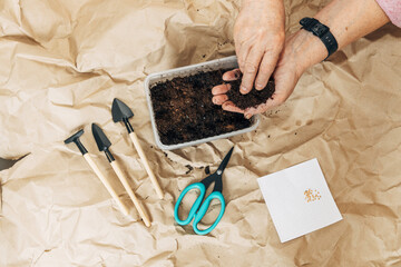 Kraft paper background, fertile soil and garden tools, top view. Hands planting seeds