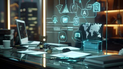 Holographic AI ethics dashboard with legal icons, compliance stamps, and interconnected AI regulations floating above a sleek workspace.