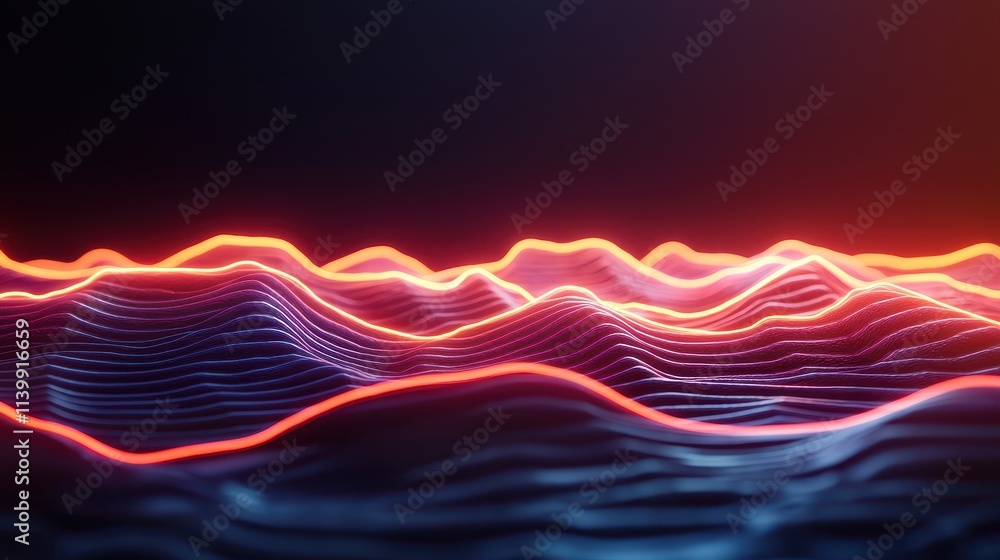 Poster sound loud 3d rendering concept, glowing neon ripples visualizing loud bass waves in a dynamic and c