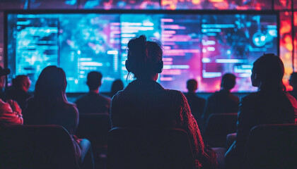 A group of people watching a digital display with data and graphics in a tech environment.