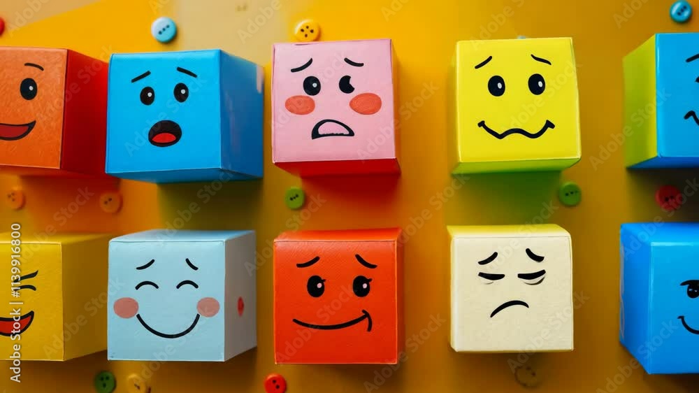 Poster a row of colorful blocks with faces on them, including a happy face with a heart and a sad face with