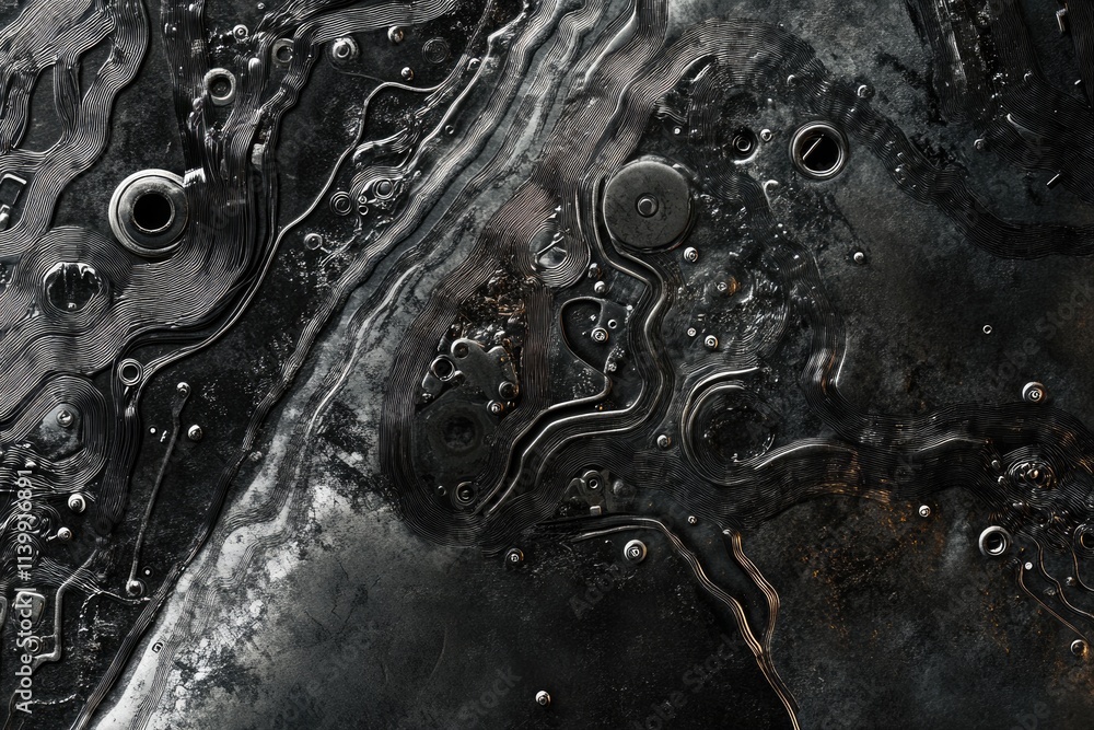 Poster abstract dark metallic texture with intricate patterns and embedded components, resembling a futuris
