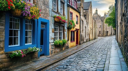 Obraz premium Charming Cobblestone Street with Colorful Buildings and Flowers