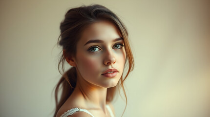A vintage studio portrait of a young woman in  wavy brown hair and bright blue eyes . She has a light complexion with subtle makeup and is wearing a delicate, white lace top