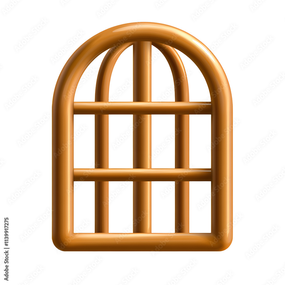 Poster a stylized wooden window frame design with arched top and grid patterns.