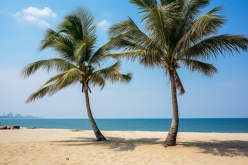 Beautiful tropical beach with palm trees growing on the white sand next to the blue ocean with a city in the background