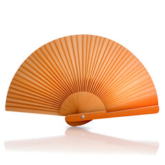 A vibrant orange folding fan displaying intricate patterns and a smooth surface.