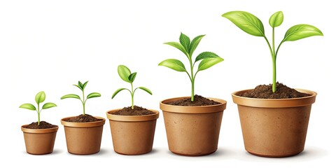 Hand-Drawn Vector Illustration of Plant Growth Stages in Pots for Botanical Art and Educational Use