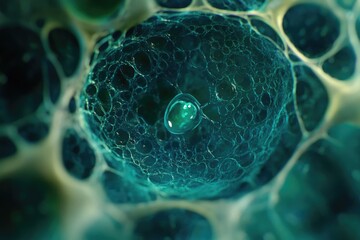 A single droplet rests within a complex, teal, organic network of interconnected bubbles.