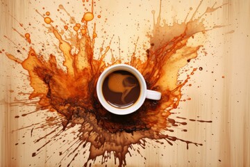 Coffee is splashing from a white cup on a wooden table, creating an energetic burst