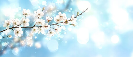 Spring Blossom Branch  Delicate White Flowers  Soft Blue Background  Nature Photography  F