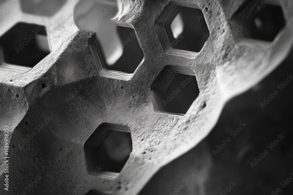 Poster close-up of a three-dimensional honeycomb structure, showcasing intricate layered details and a text