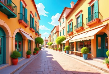 Fototapeta premium Sunny Street Scene: Cartoon Town 