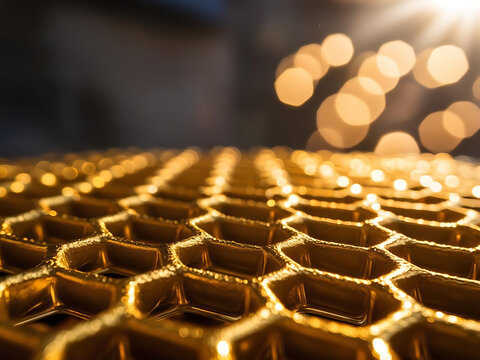 Golden hexagonos textures close-up photography ambient lighting artistic concept