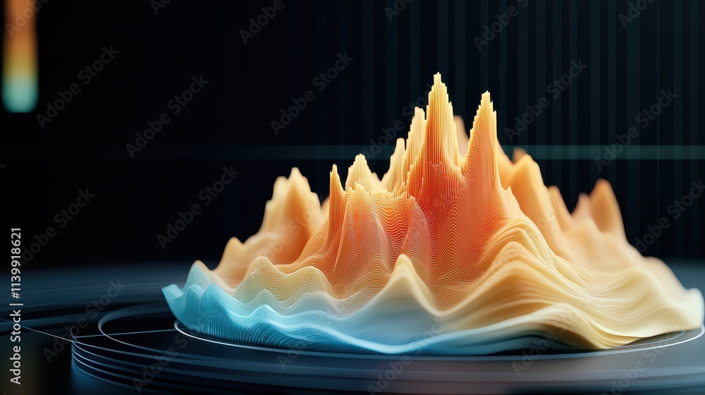 Poster sound loud 3d rendering concept, jagged peaks of sound frequencies visualized in dynamic audio wavef