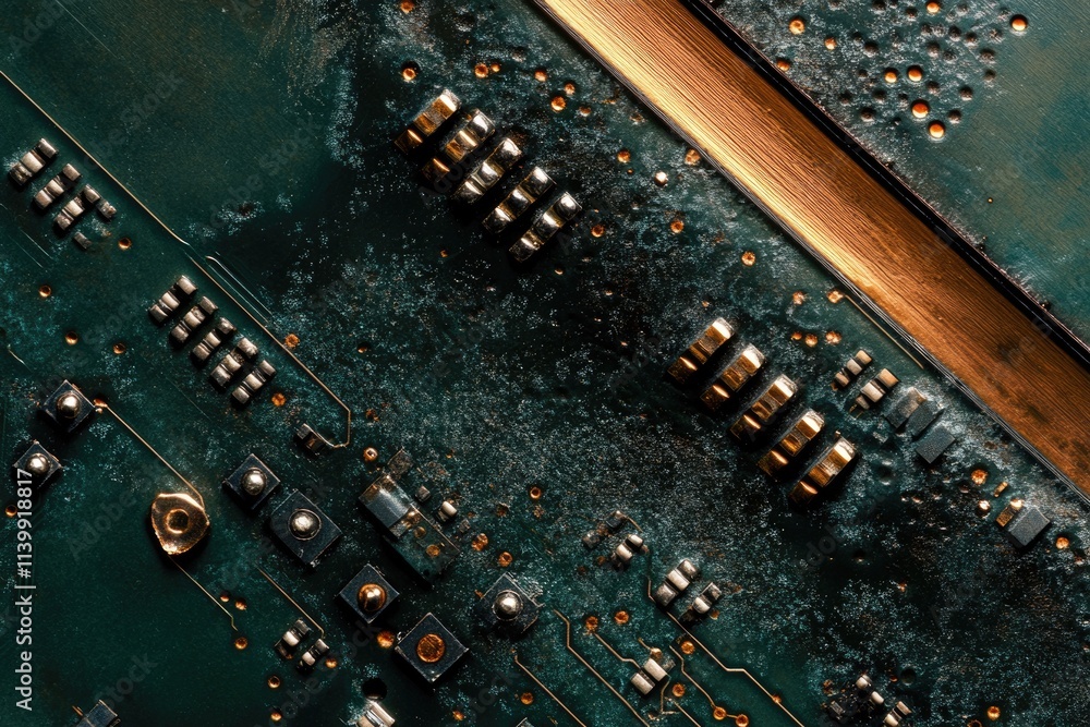 Poster close-up of a dusty, aged circuit board showcasing intricate electronic components and pathways.