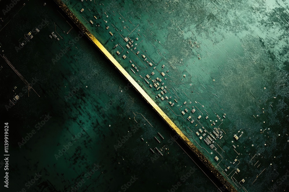 Poster abstract image of a circuit board with a gold diagonal line, showcasing technology and design.