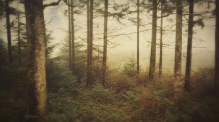 Misty forest scene with tall trees and soft light. (1)