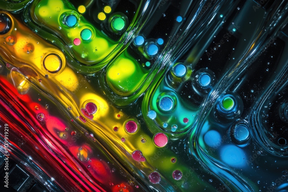 Poster abstract vibrant swirls of oil and water create a mesmerizing rainbow pattern with colorful bubbles.