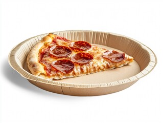 Single Pepperoni Pizza Slice on Paper Plate with Melted Cheese