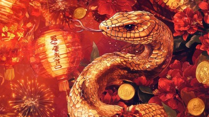 Golden snake amidst red flowers, lanterns, and coins; Chinese New Year celebration.